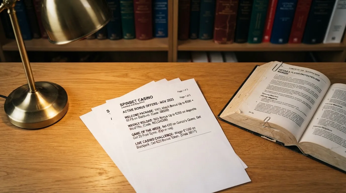 Wydruk listy promocji legalnego kasyna internetowego położony obok tekstu ustawy o grach hazardowych otwartego na artykule 5