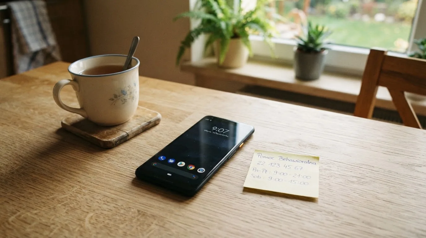 Telefon komórkowy na stole obok karteczki z zapisanym numerem infolinii dla osób uzależnionych behawioralnie